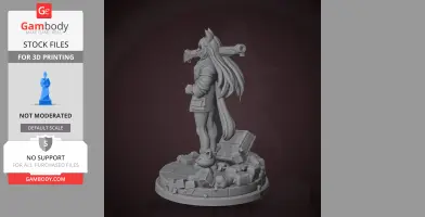 A 3D print model of a character with long hair holding a weapon on a detailed rubble base.