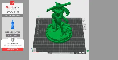 A 3D model of a female character with a weapon, long hair, and fox ears, standing on a detailed base.