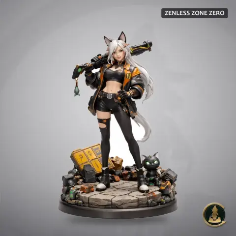 Anime-style girl with white hair, cat ears, and tactical outfit, leaning on a sword. Standing on a detailed base.