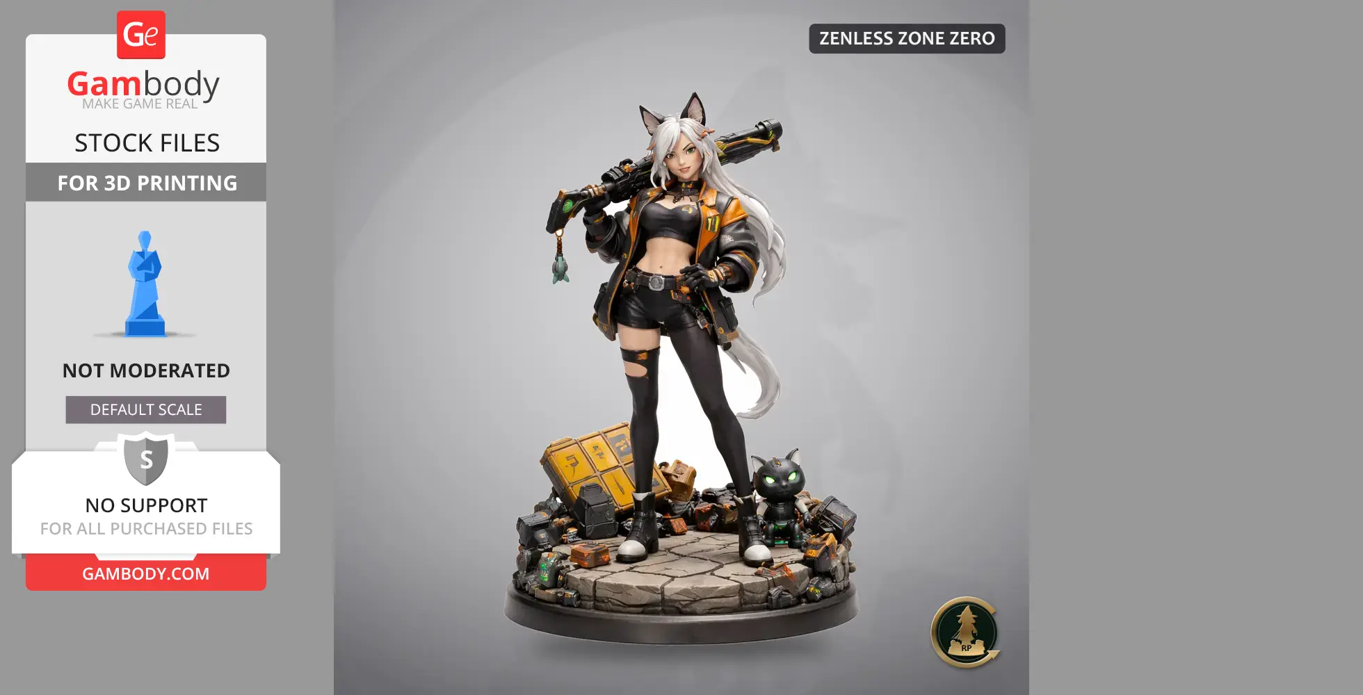 A character with cat ears and long hair, holding a weapon, stands on a detailed base with a small robot cat.