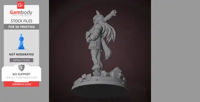 A detailed figure of a long-haired character with a tail, standing on a rocky base, holding a large weapon.