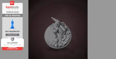 A 3D model of a character with a backpack and weapon, standing on a detailed circular base.