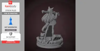 A 3D printed character figure with long hair, ears, holding a large weapon, and standing on a detailed base.
