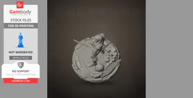 A 3D model of an armored, hooded figure holding a sword, standing on a detailed circular base.