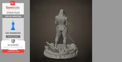 Hooded figure with a sword stands on a detailed platform, ready for 3D printing.