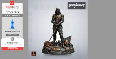 Hooded character figure with sword, wearing detailed armor on a futuristic base, from the game Ghostrunner.