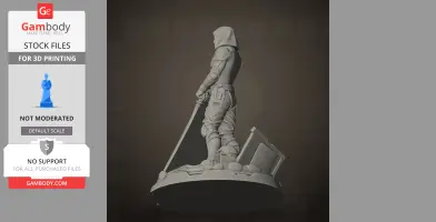 A hooded warrior figure with a sword, standing on a detailed base, ready for 3D printing.