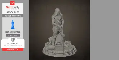 A hooded warrior figure in armor, standing on a detailed base, holding a sword with both hands.