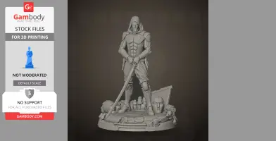 Futuristic armored figure with hood and sword, standing on a detailed base with various helmet designs.