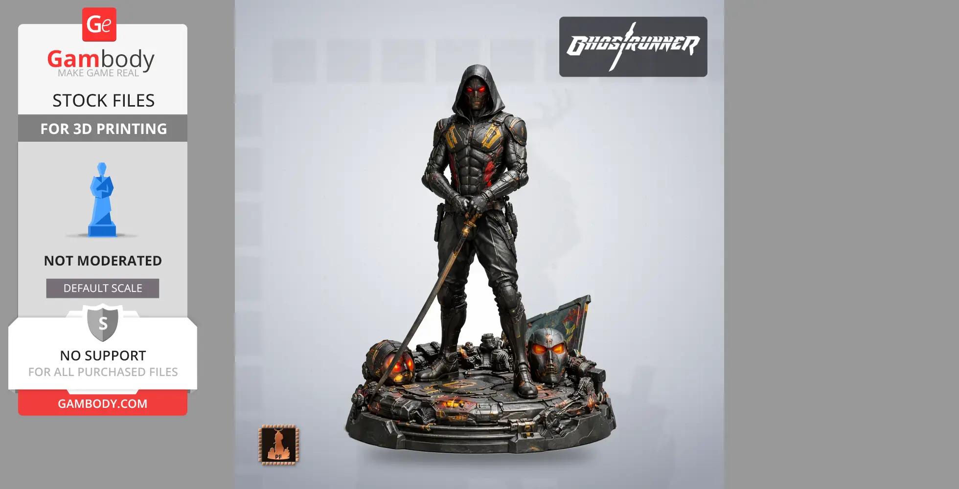 Hooded character figure with sword, wearing detailed armor on a futuristic base, from the game Ghostrunner.