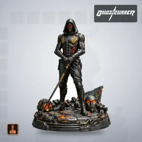 Hooded futuristic warrior figure standing on a detailed base with a sword, from the game Ghostrunner.
