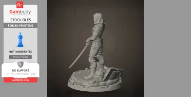 A hooded warrior figure holding a sword, standing on a detailed base.