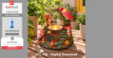 A whimsical squirrel tealight holder with mushrooms and a tiny door, ideal for tabletop decoration.