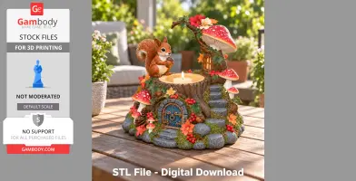 Woodland stump tealight holder with squirrel, mushrooms, colorful flowers, and a tiny door.