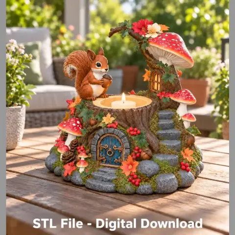 A whimsical squirrel LED tealight holder with mushrooms and foliage on a woodland-themed stump.