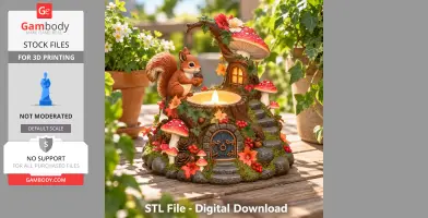 Woodland squirrel tealight holder with mushrooms and flowers, designed for 3D printing.