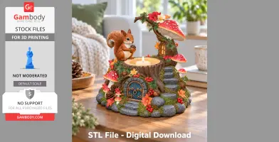 Whimsical squirrel tealight holder with mushrooms and colorful foliage, perfect for 3D printing.