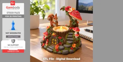 Squirrel-themed tealight holder with mushrooms and autumn leaves, designed for 3D printing.