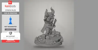 A chibi-style character with horned helmet, holding a dagger, stands on a base with skulls and stones.