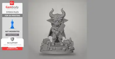 Chibi-style horned character with a cape and a cleaver, standing on a base with skulls and objects.