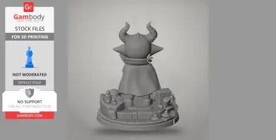 A 3D model of a horned, cloaked character on a detailed base, from behind.