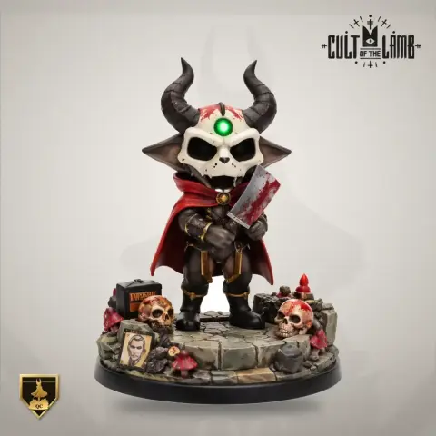 Horned character with skull mask, red cape, and cleaver on stone base with skulls and candles.