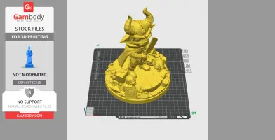 A horned character figure from 'Cult of the Lamb,' standing on a base with skulls, prepared for 3D printing.