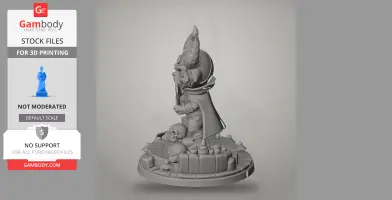 A horned character figure with a cape stands on a platform with skulls and mushrooms.
