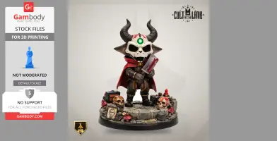 A figure with a skull mask, horns, and red cape, holding a cleaver, stands on a stone base with skulls.