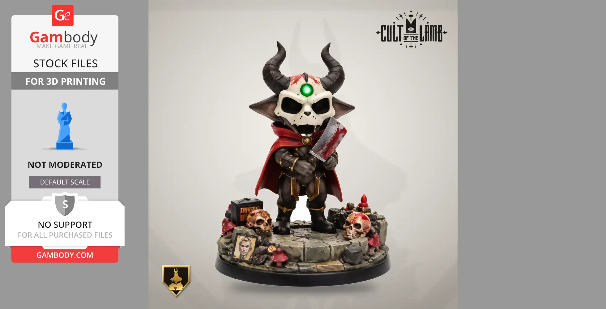 A figure with a skull mask, horns, and red cape, holding a cleaver, stands on a stone base with skulls.