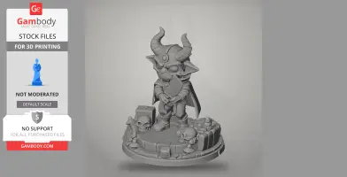 A chibi-style figure with horns and a cape, wielding a cleaver, standing on a skull-adorned base.