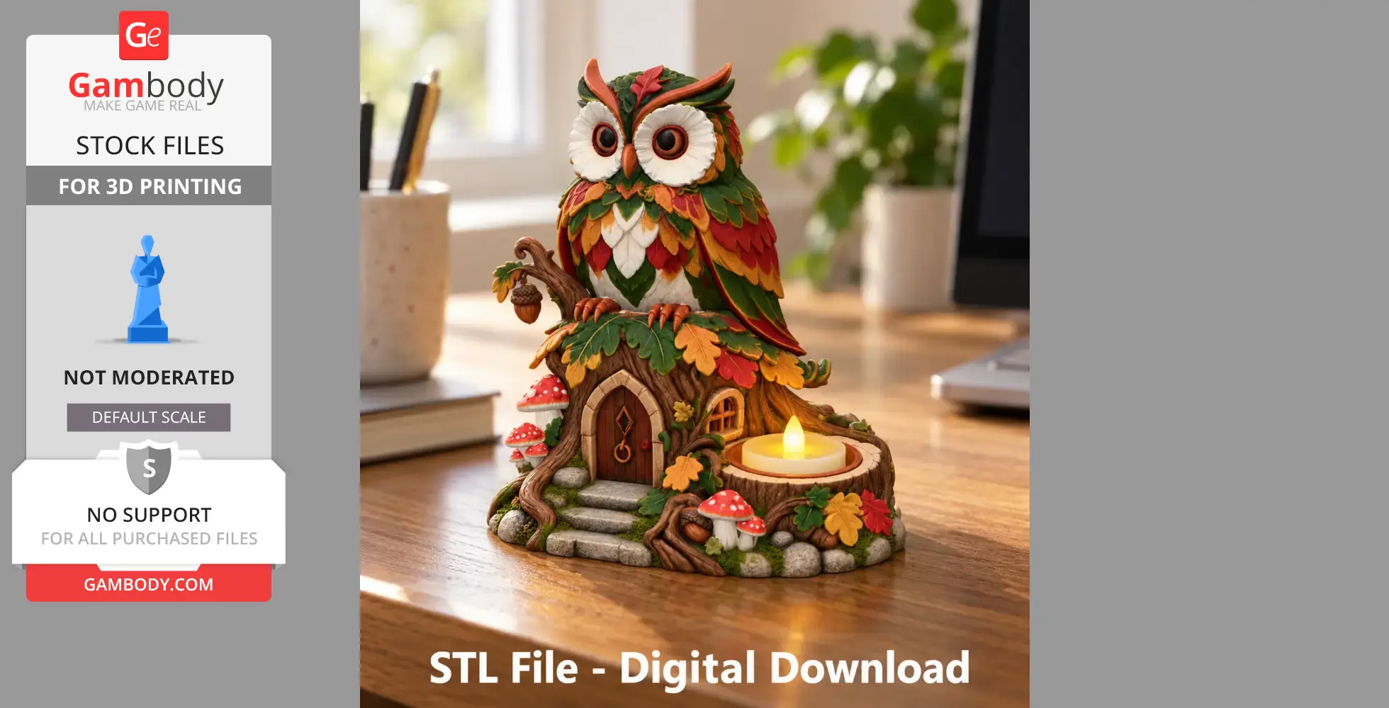 Colorful owl-shaped tealight holder with foliage and mushrooms, designed for 3D printing.
