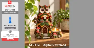 Colorful owl tealight holder with leaf and mushroom details for 3D printing, surrounded by plants.