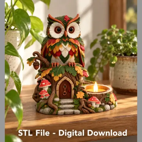 Colorful owl-shaped LED tealight holder with a detailed base featuring mushrooms and leaves.