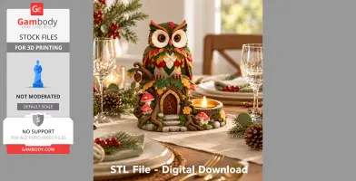 A colorful owl tealight holder with detailed leaf and mushroom designs, set on a festive table.