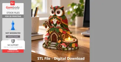 Colorful owl-shaped tealight holder with foliage and mushrooms, designed for 3D printing.