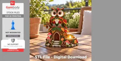A colorful owl tealight holder with a treehouse design, decorated with leaves and mushrooms.