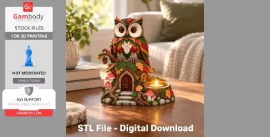 Colorful owl tealight holder with autumn leaves, mushrooms, and a door on a wooden tabletop.