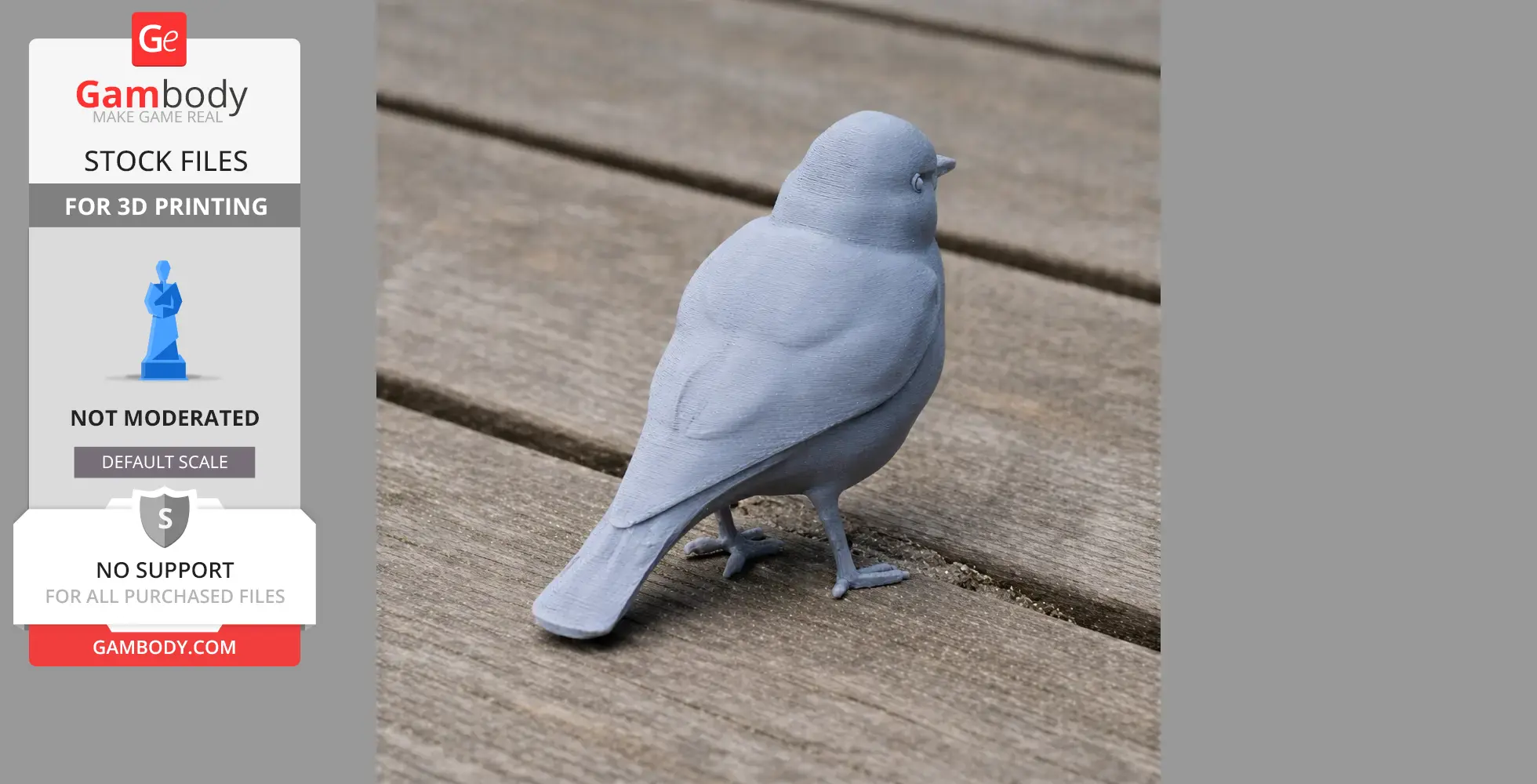 A 3D-printed model of a bird, resembling a wheatear, placed on a wooden surface.