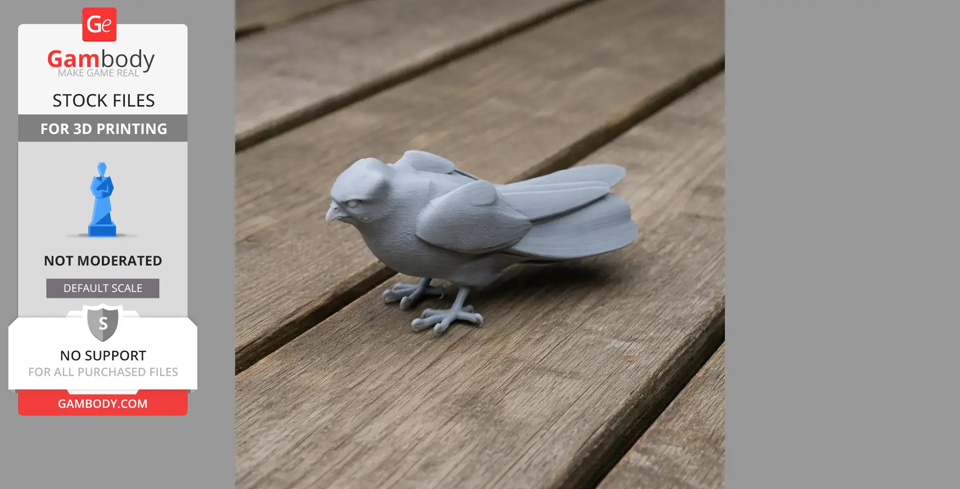 Gray 3D-printed falcon model with detailed feathers on wooden surface.