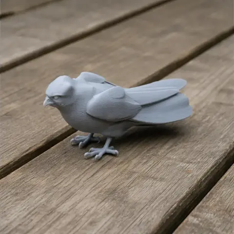Gray 3D-printed model of a bird of prey, resembling a falcon, on a wooden surface.