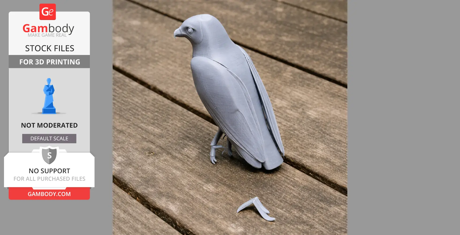 Gray 3D-printed prehistoric bird model standing on a wooden surface.
