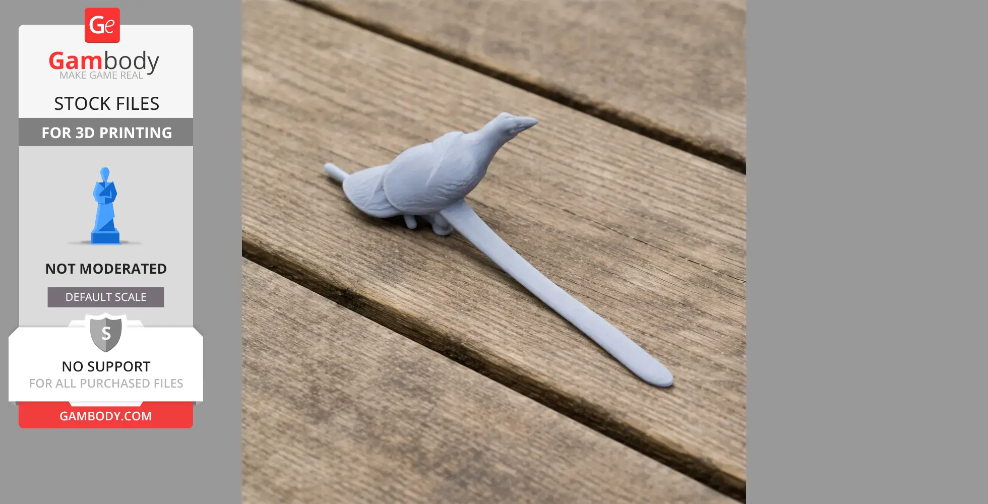 Gray 3D-printed model of a bird with a long tail on a wooden surface.