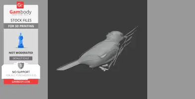 3D model of a bird perched on branches, viewed from the side, suitable for 3D printing.