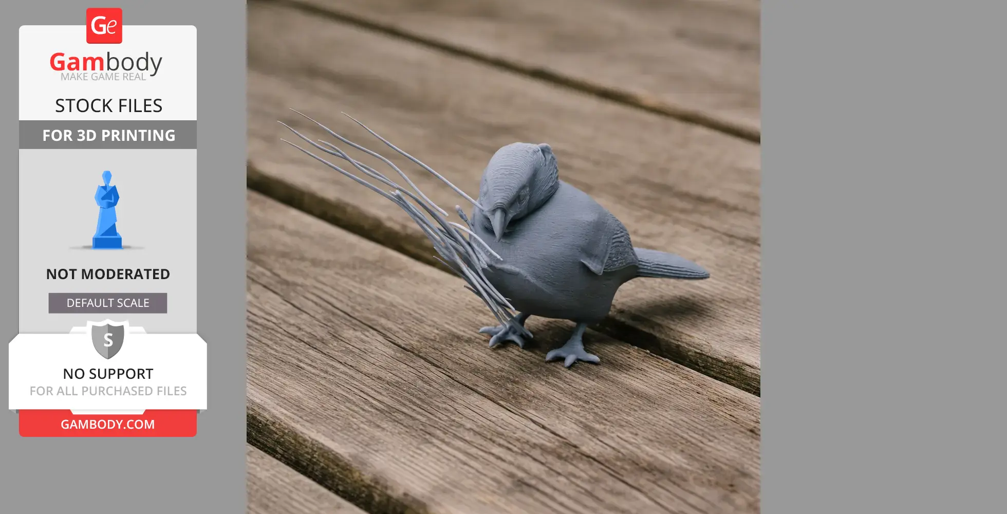 A 3D-printed model of Baumann's olive greenbul with elongated beak feathers on a wooden surface.