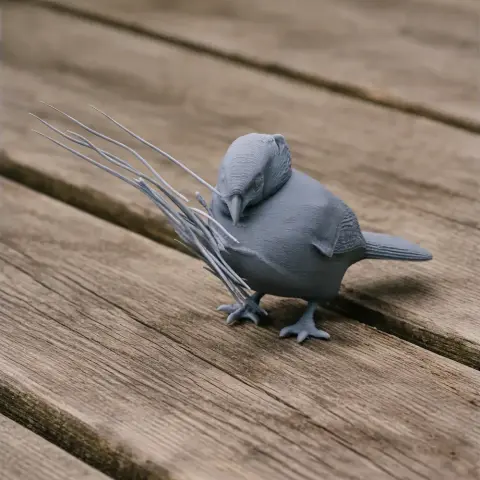 A detailed 3D model of a bird holding twigs, designed for 3D printing.