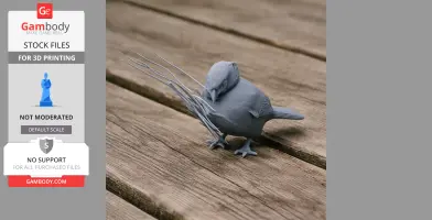 A 3D-printed model of Baumann's olive greenbul with elongated beak feathers on a wooden surface.