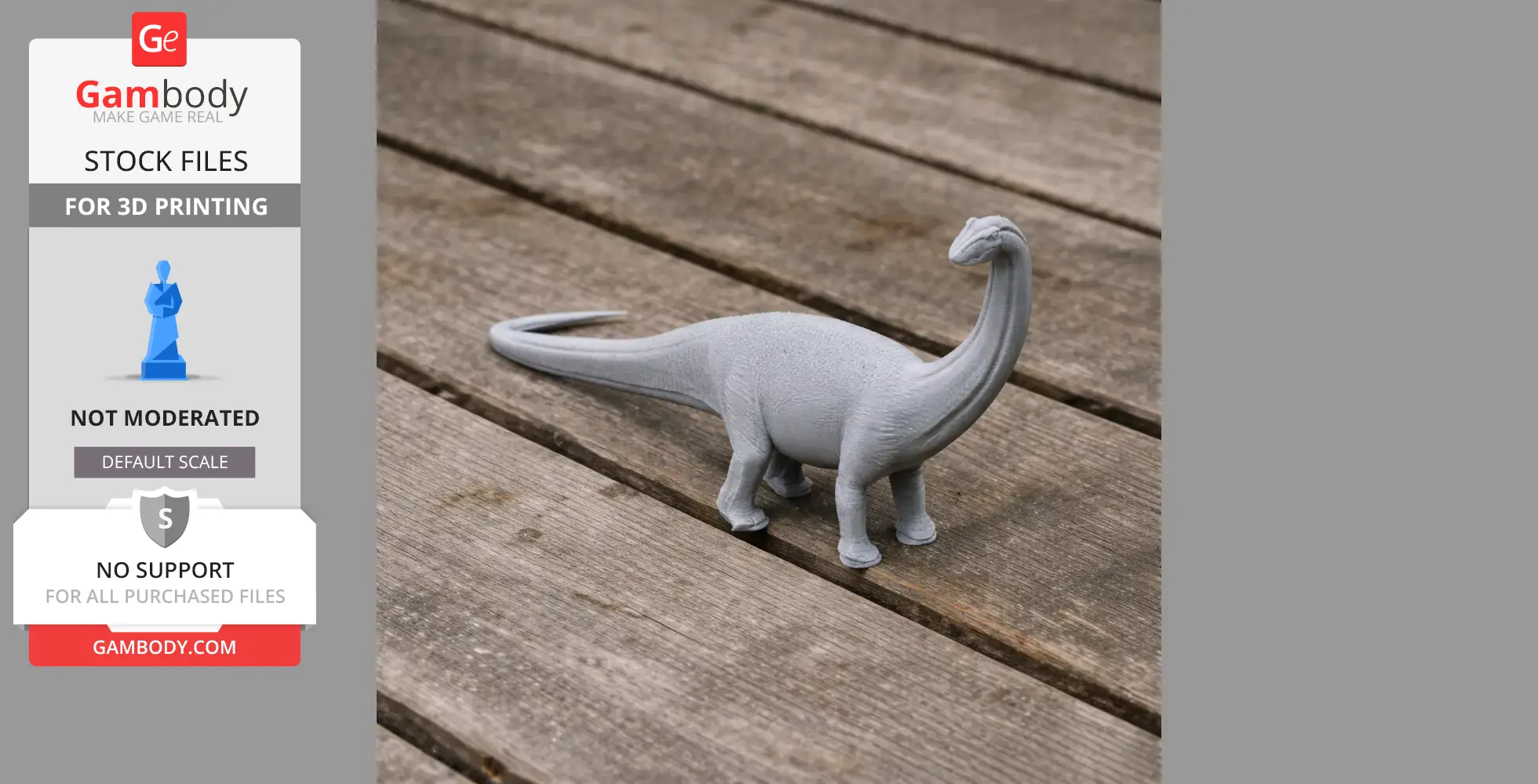 A gray 3D printed model of a Baurutitan dinosaur on a wooden surface.