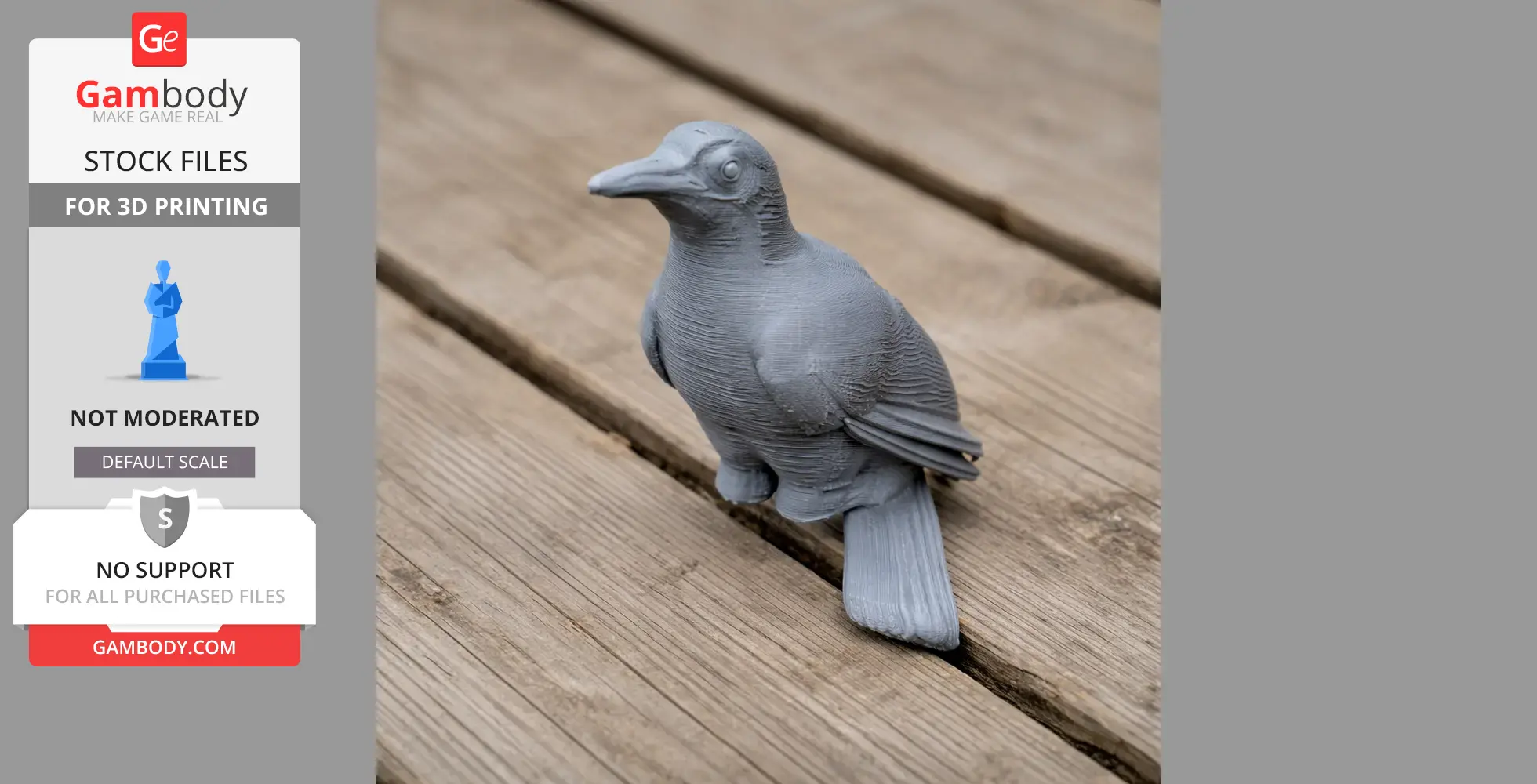 3D-printed model of a prehistoric bay woodpecker sitting on a wooden surface.