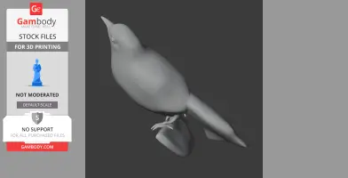 A 3D model of a bird perched on a small rock, designed for 3D printing.